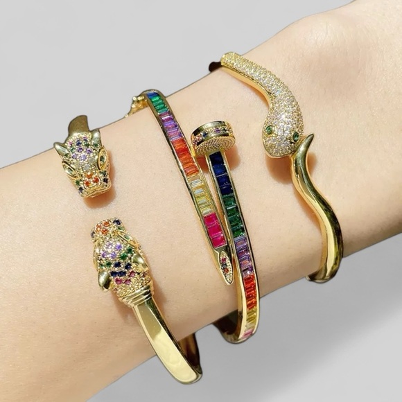 18k Gold Plated Stainless Steel AAA CZ Snake Bangle Bracelet Emerald Green Eyes - Picture 2 of 4